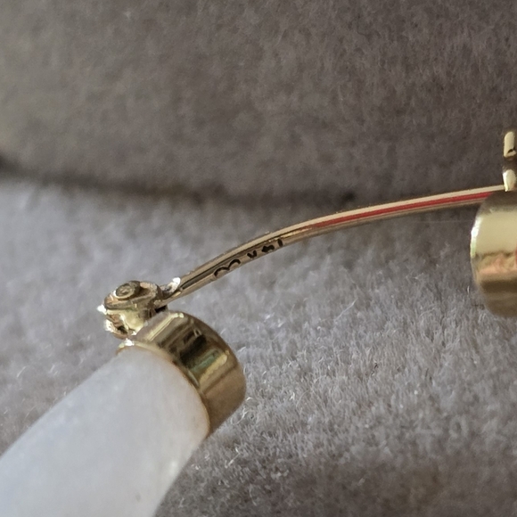 SOLD Ross Simons 14k Yellow gold Bezel Gemstone White Jade puffy hoop earrings - Picture 5 of 13